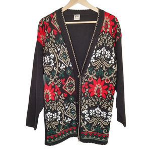 80's Vintage Oversized Floral Sweater V-neck Cardigan Folk Art Fits S M L